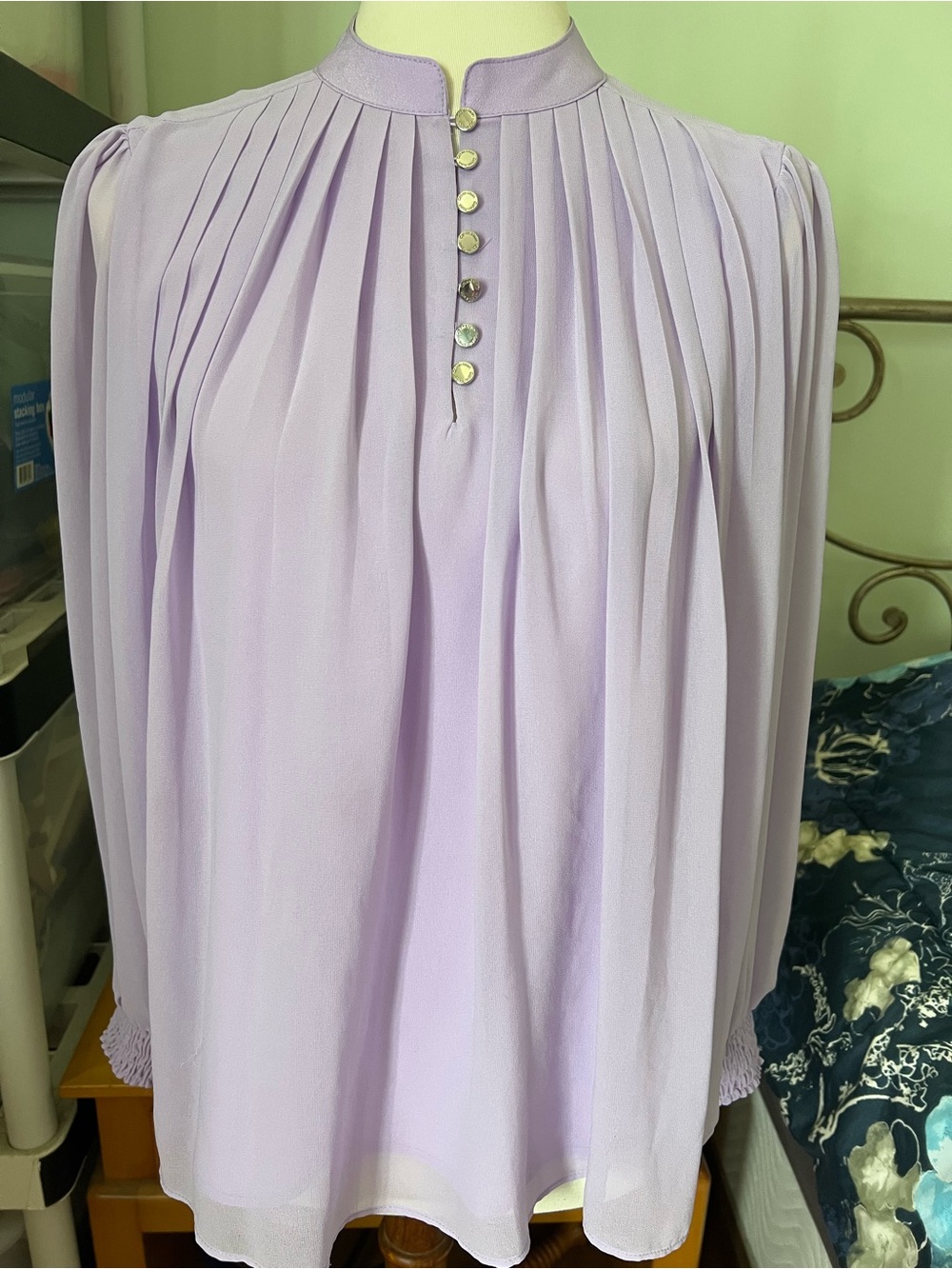 Calvin Klein Pleated Lavender Women's Blouse with Mandarin Collar
